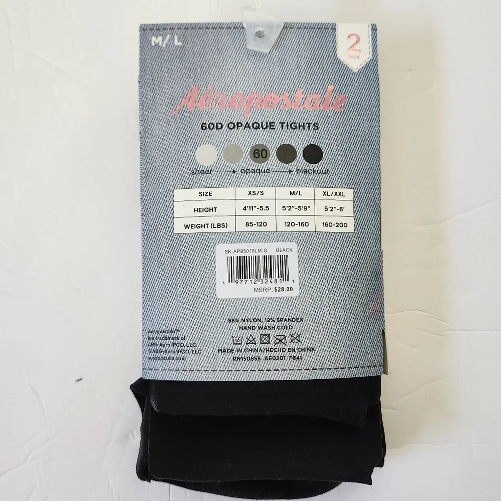 Aeropostale Black Opaque Tights Medium Large 2 Pair 60 Denier